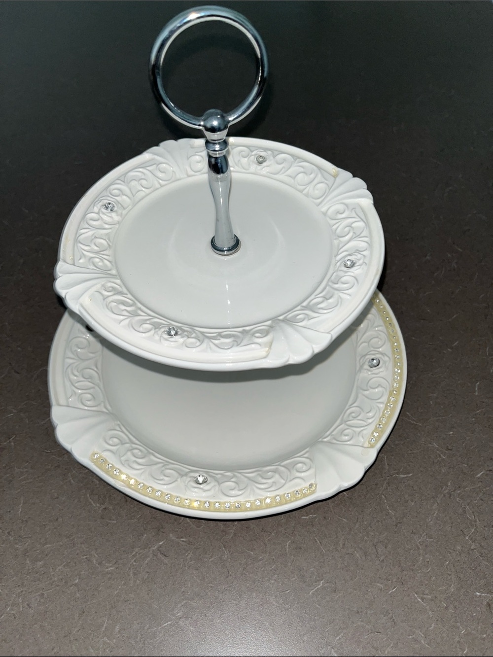 Elegant White Two-Tier Serving Stand with Crystal Accents As is 10”x 10” approx